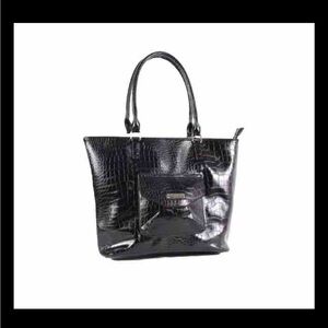 New London Fog Large Tote Giovanna Black Bag Satchel Crocodile Embossed Weekend
